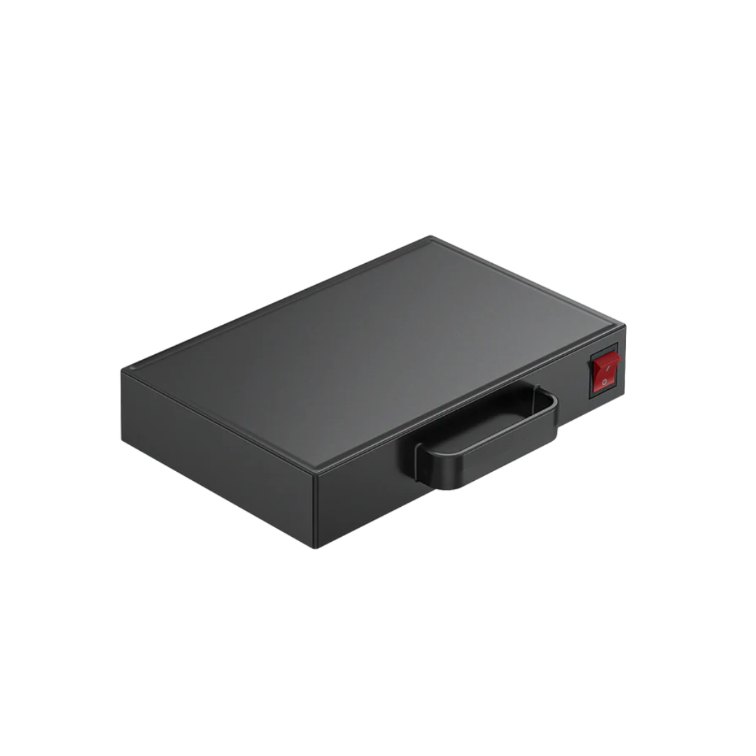 The Travel Battery For Paiseec Q3 Electric Wheelchair is a black rectangular plastic box with a front handle and red side switch; it features a 24V 12ah lithium battery and is shown on a white background.
